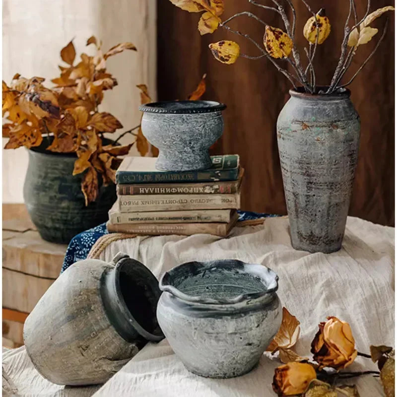 Antique Weathered Pottery Planters Rustic Clay Pot Vases for Balcony Decor Practical Office Desk Embellishments Timeless