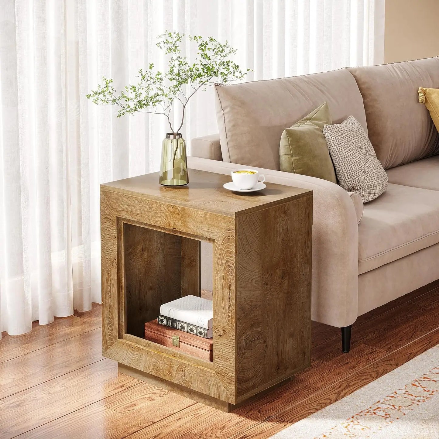 24" End Table, 2 Tiered Side Table with Shelf Storage Industrial Sofa Side Table Nightstand for Living Room (2, Natural)
