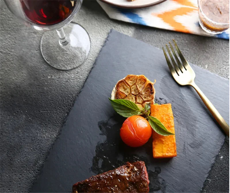 Natural Black Western Slate stone Dishes Solid Square Sushi Steak Barbecue BBQ Plate Cheese Pizza Dessert cake Fruit dish Tray