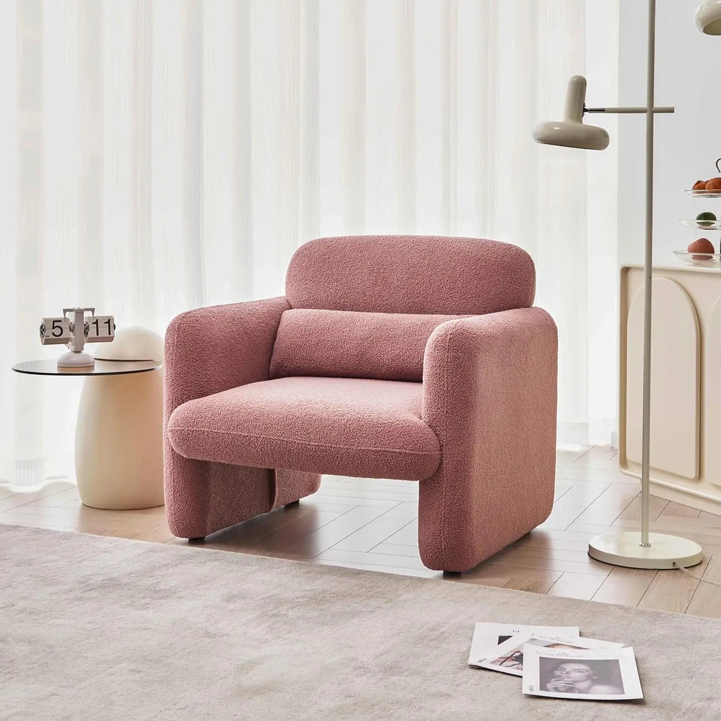 Modern Accent Single Sofa Chair with Arms, Lamb Fabric Upholstered Comfy Reading Arm Chair for Bedroom, Living Room-Beige