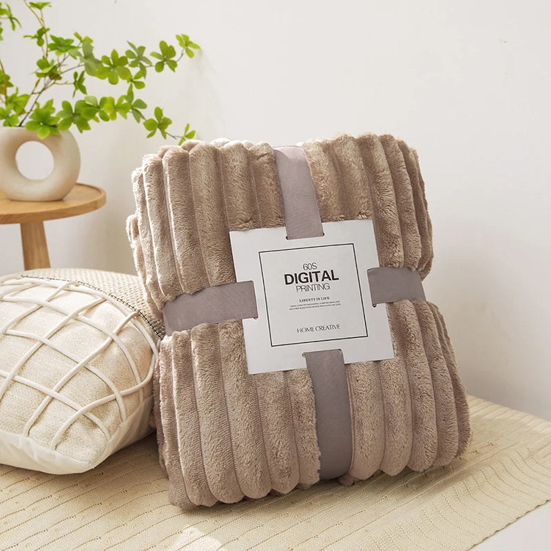 Solid Color Fluffy Blankets Thickened Wide Striped Blanket Soft Warm Sofa Bed Sheet Cover Chunky Nap Blanket Home Bedroom Decor