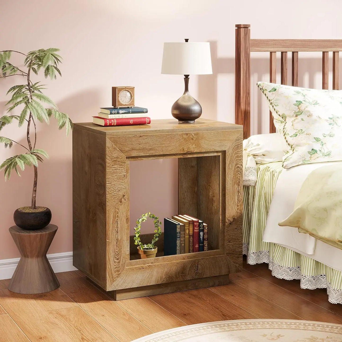24" End Table, 2 Tiered Side Table with Shelf Storage Industrial Sofa Side Table Nightstand for Living Room (2, Natural)