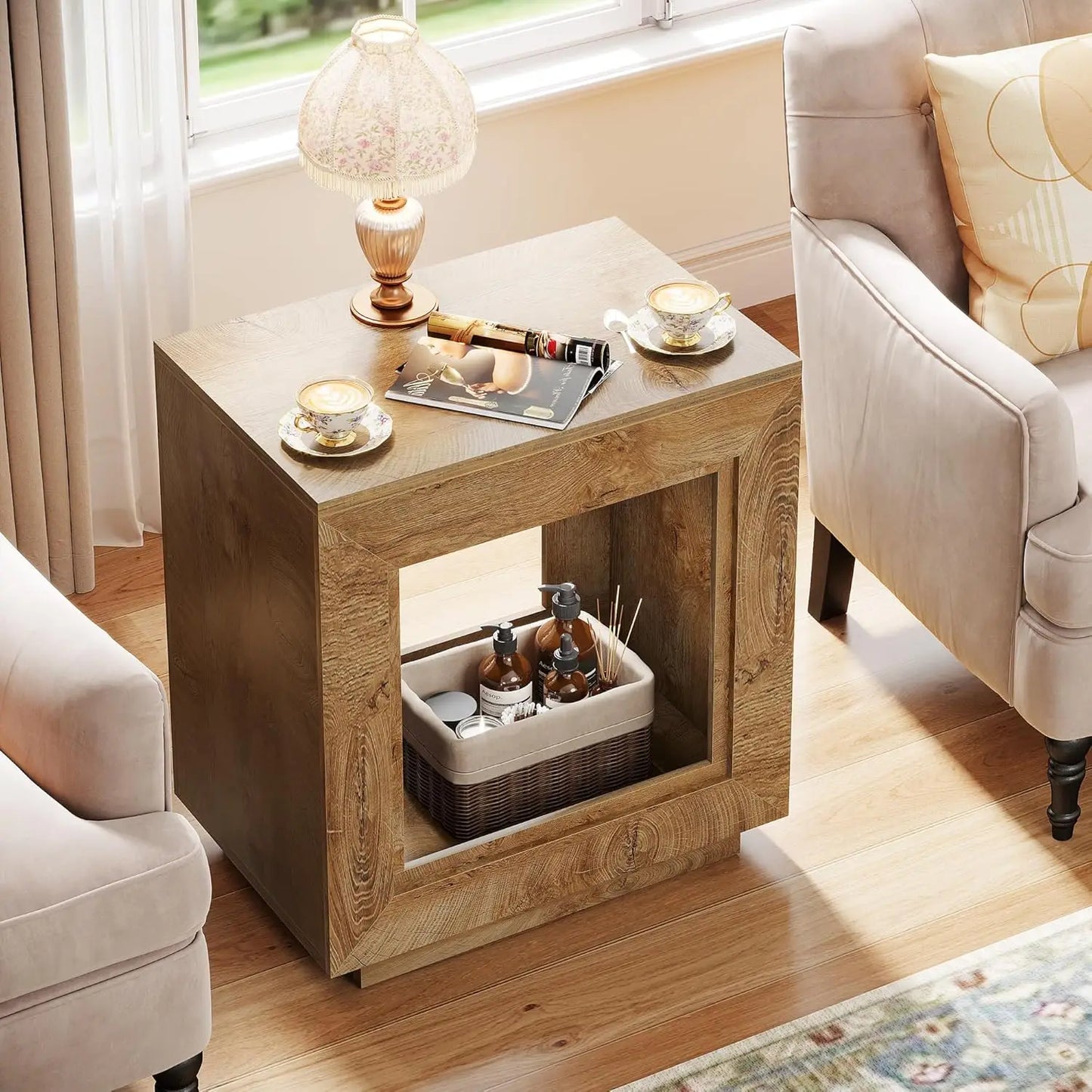 24" End Table, 2 Tiered Side Table with Shelf Storage Industrial Sofa Side Table Nightstand for Living Room (2, Natural)