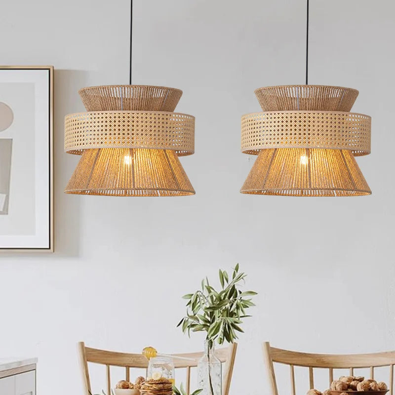 Handmade Hemp Rope pendant light Vintage Japanese Chandelier for Dining Room Hotel Bedroom Woven Rattan Art Pendant lamp