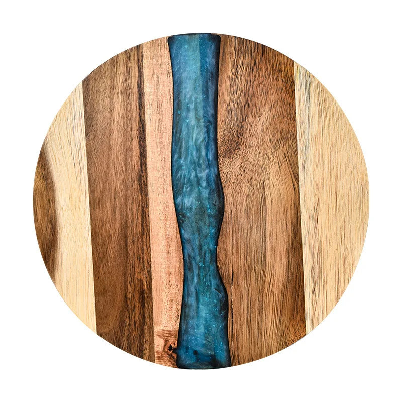 Acacia Wood with Resin Cutting Board,Round Kitchen Chopping Board,Steak Bread Pizza Charcuterie Block,Fruit Cheese Serving Board