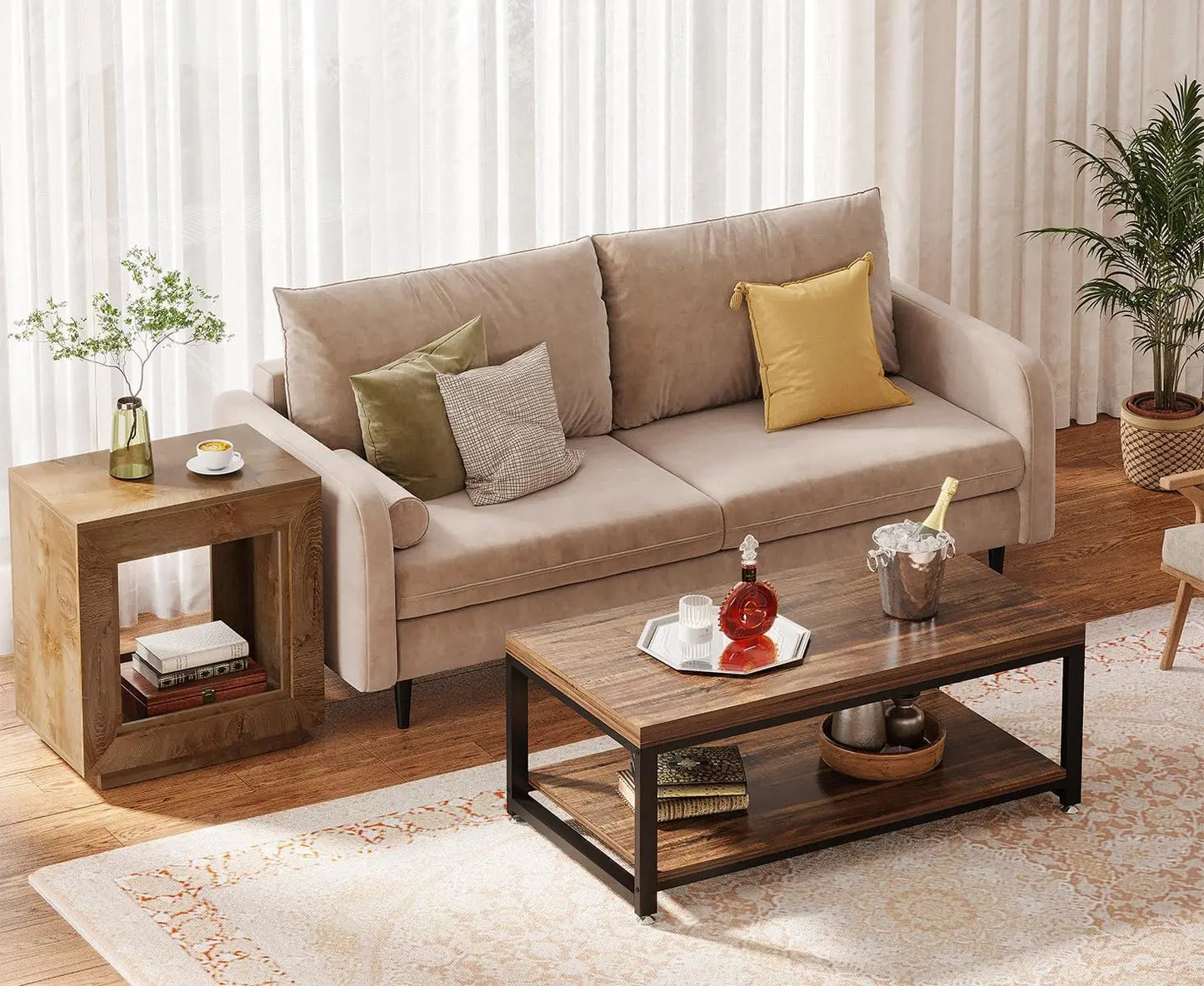 24" End Table, 2 Tiered Side Table with Shelf Storage Industrial Sofa Side Table Nightstand for Living Room (2, Natural)