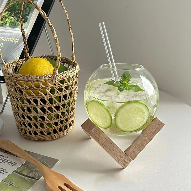 Cocktail Glass Cup With Wood Stand Creative Bar Glassware Drink Cup Ronud Ball Cocktail Mug Smoothie Fruit Moon Juice Tumbler