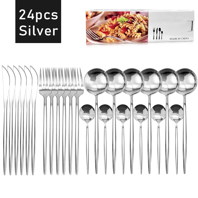 24Pcs Stainless Steel Dinnerware Set Black Gold Cutlery Spoon Fork Knife Western Cutleri Silverware Flatware Tableware Supplies