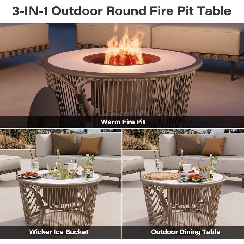 3 in 1 Fire Pit, 23" Wood Burning Fire Pit with Removable Lid, Outdoor Firepit with Ice Bucket & Coffee Table for Bonfire