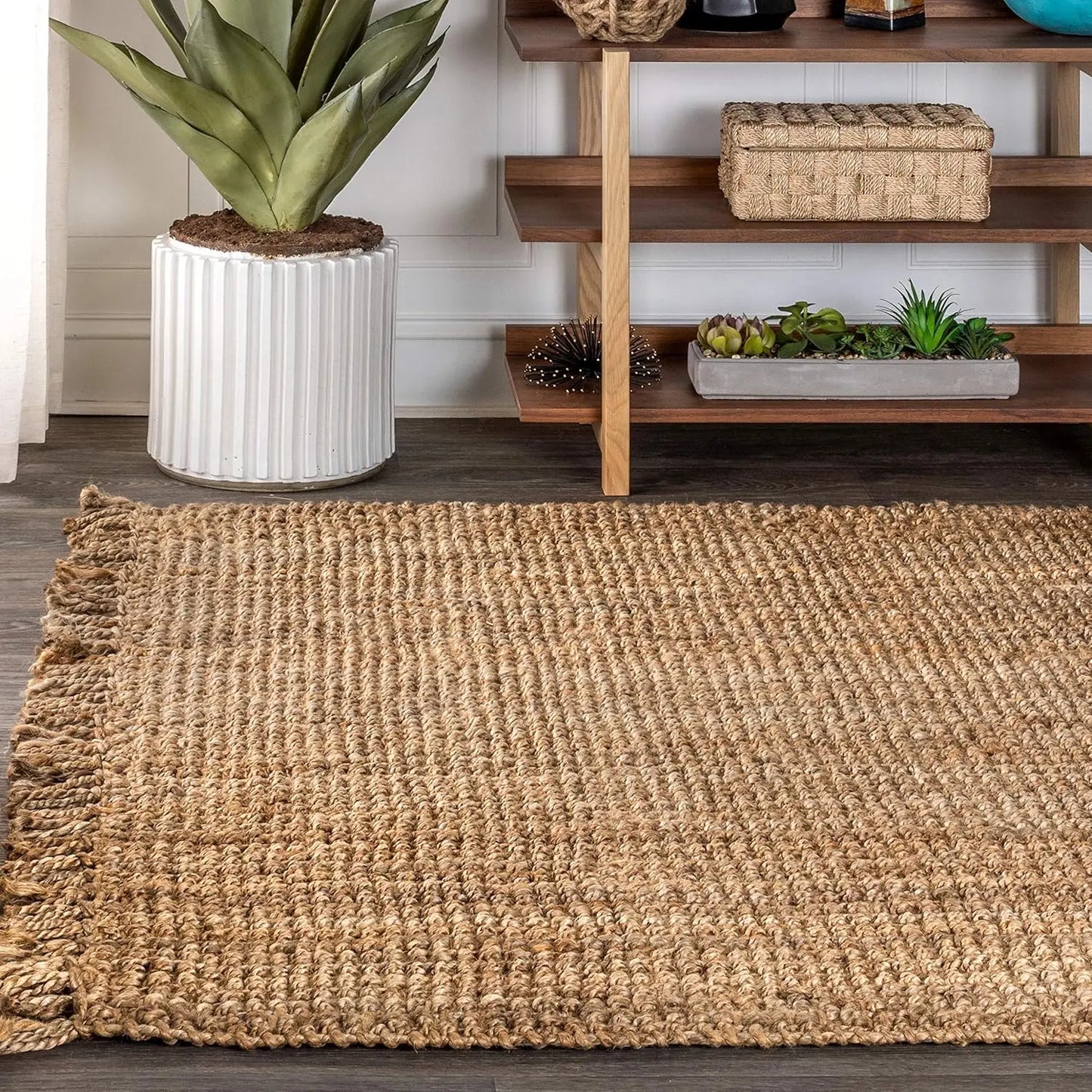 Pata Hand Woven Chunky Jute with Fringe Indoor Area -Rug Bohemian Farmhouse Easy -Cleaning Bedroom Kitchen