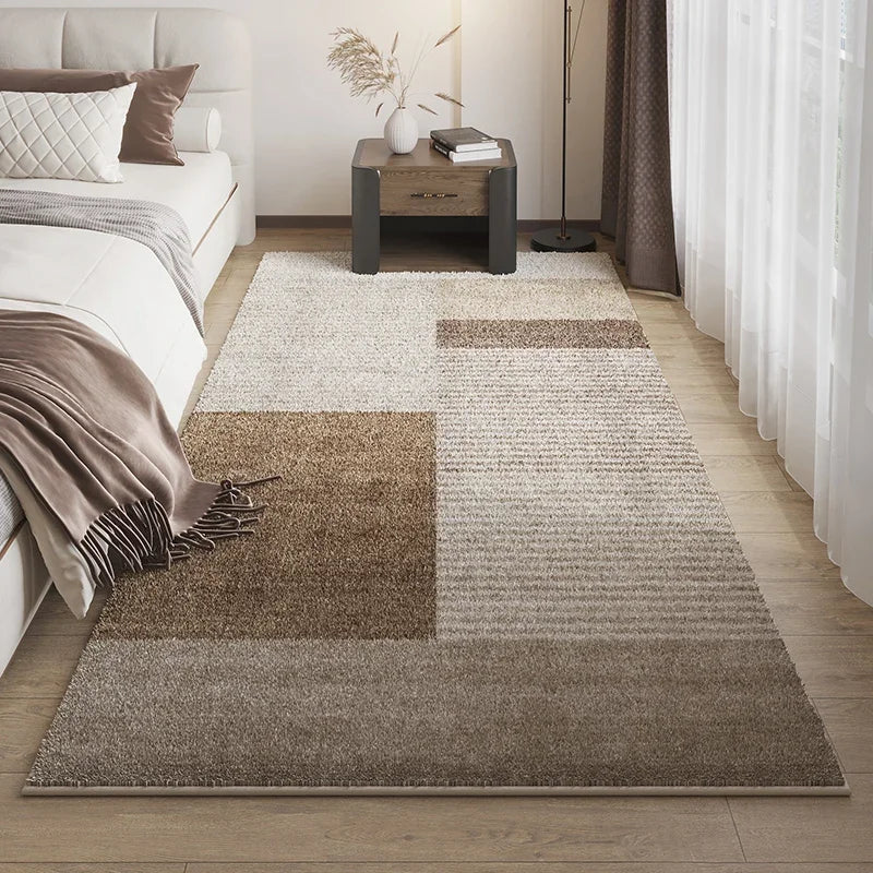 Dark Brown Striped Geometric Carpet Wabi-Sabi Style Bedroom Carpets Soft Non-Slip Bedside Rug Retro Light Luxury Decorative Rugs