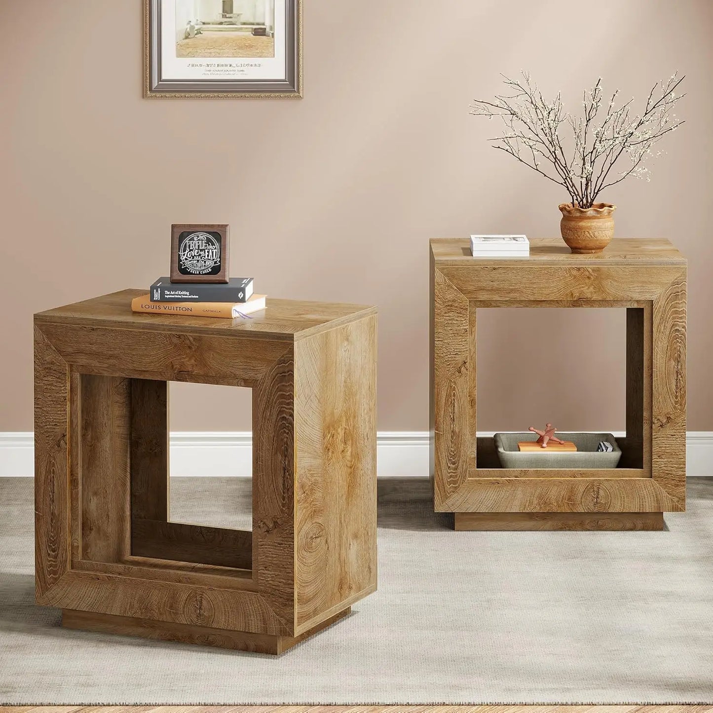 24"  End Table, 2 Tiered Side Table with Shelf Storage Industrial Sofa Side Table Nightstand for Living Room (2, Natural)