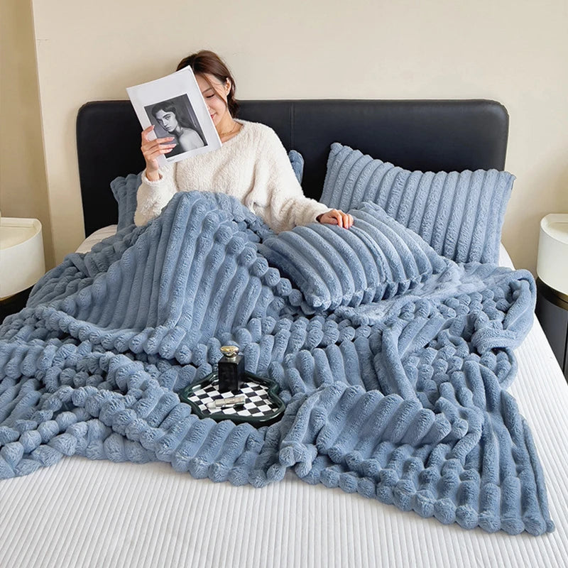 Solid Color Fluffy Blankets Thickened Wide Striped Blanket Soft Warm Sofa Bed Sheet Cover Chunky Nap Blanket Home Bedroom Decor