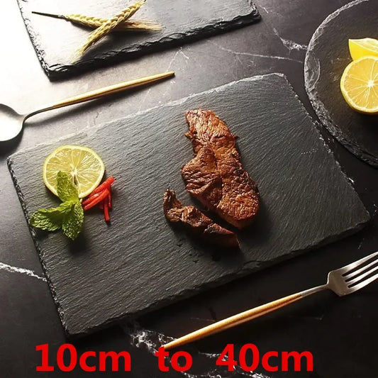 Natural Black Western  Slate stone Dishes Solid Square Sushi Steak Barbecue BBQ Plate Cheese Pizza Dessert cake Fruit dish Tray