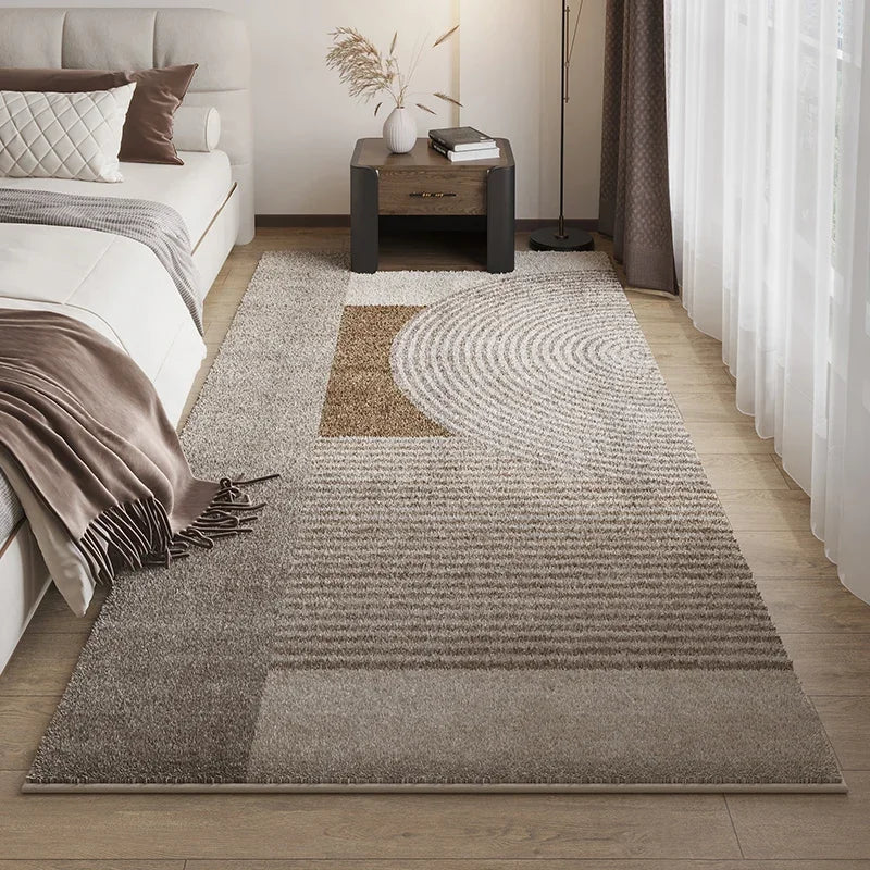 Dark Brown Striped Geometric Carpet Wabi-Sabi Style Bedroom Carpets Soft Non-Slip Bedside Rug Retro Light Luxury Decorative Rugs