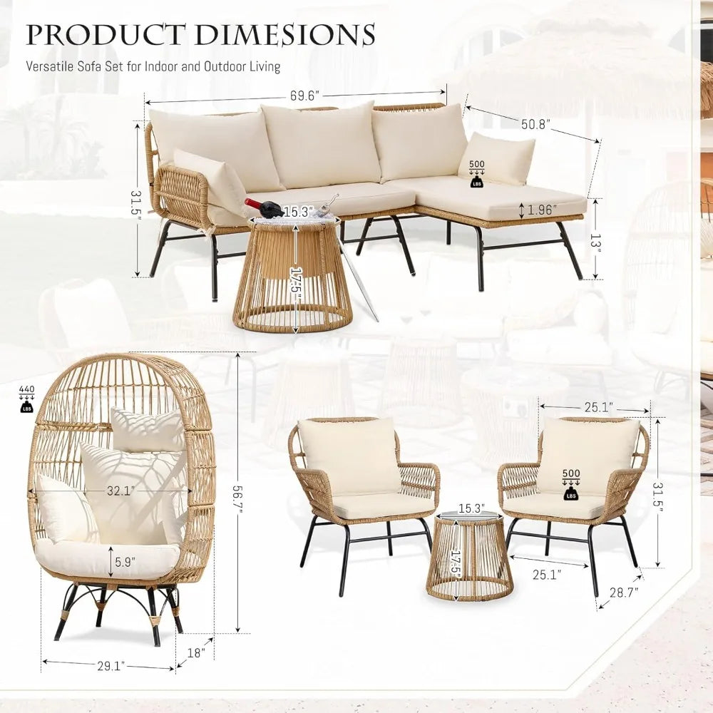 7 Piece Patio Furniture Sets with Egg Chair, Small Outdoor Bistro Chair Conversation Sofa Set w/Coffee Table & Ice Bucket