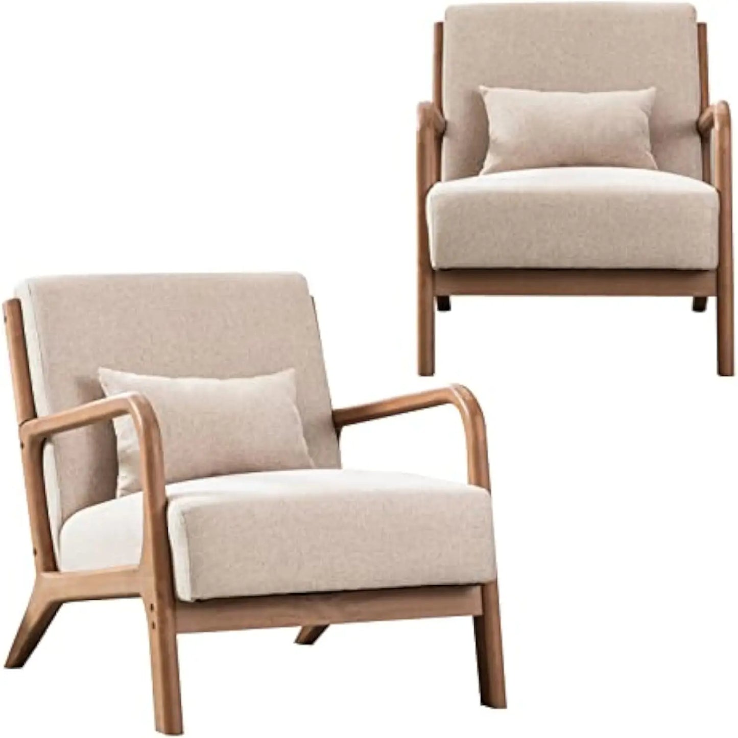 Mid Century Modern Accent Chair Set of 2 Upholstered Living Room with Waist Cushion Reading Armchair for Bedroom Sunroom