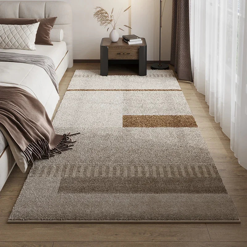 Dark Brown Striped Geometric Carpet Wabi-Sabi Style Bedroom Carpets Soft Non-Slip Bedside Rug Retro Light Luxury Decorative Rugs