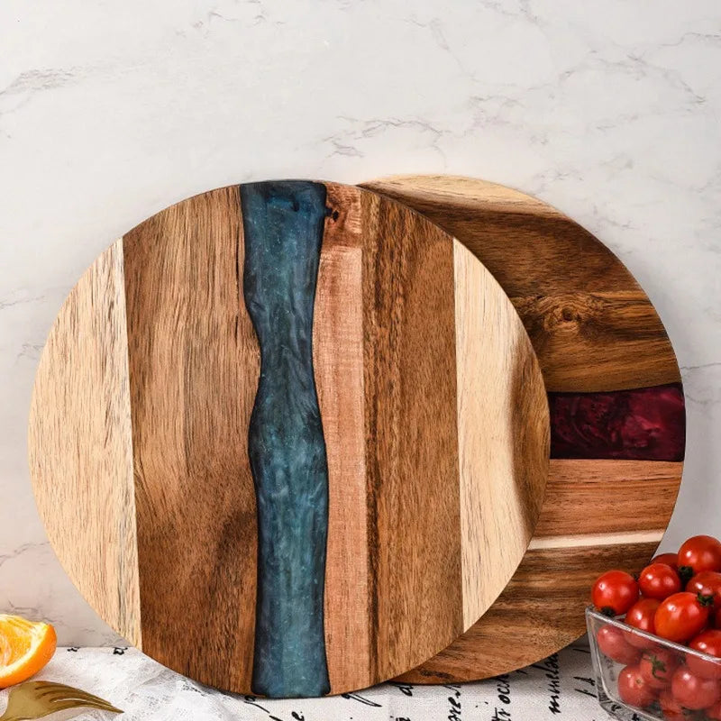 Acacia Wood with Resin Cutting Board,Round Kitchen Chopping Board,Steak Bread Pizza Charcuterie Block,Fruit Cheese Serving Board