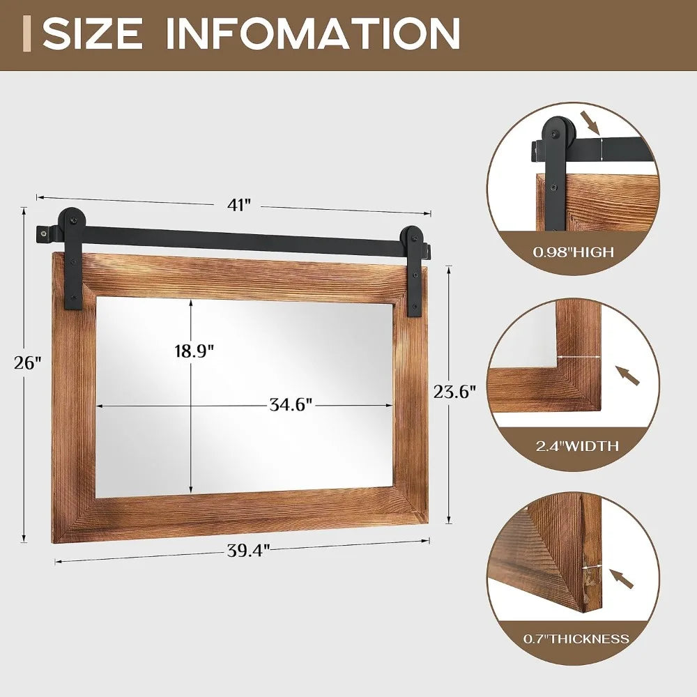 Farmhouse Barn Door Mirror - 41" x 26" Rustic Wood Framed Wall Mirror for Bathroom, Living Room, Bedroom Wall Decor (Brown)