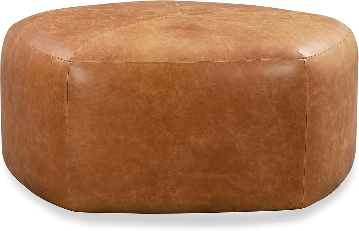 POLY & BARK Porto Modern Leather Ottoman Pouf Living Room Furniture 37"D X 37"W X 17"H (Cognac Tan)