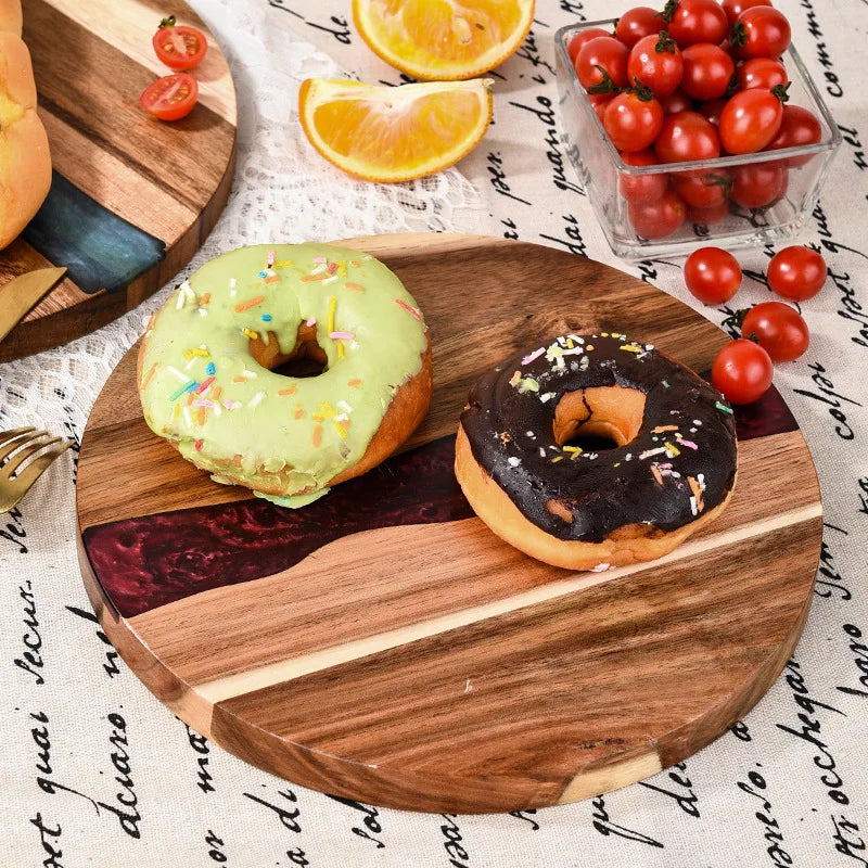 Acacia Wood with Resin Cutting Board,Round Kitchen Chopping Board,Steak Bread Pizza Charcuterie Block,Fruit Cheese Serving Board