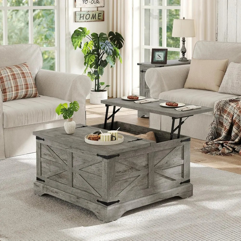 Farmhouse Lift Top Coffee Table, Square Wood Center Table with Large Hidden Storage Compartment for Living Room, Rustic Table