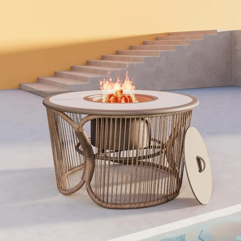 3 in 1 Fire Pit, 23" Wood Burning Fire Pit with Removable Lid, Outdoor Firepit with Ice Bucket & Coffee Table for Bonfire