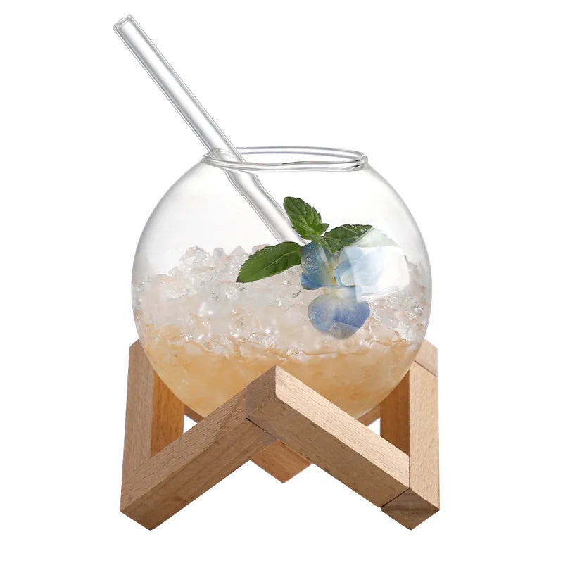 Cocktail Glass Cup With Wood Stand Creative Bar Glassware Drink Cup Ronud Ball Cocktail Mug Smoothie Fruit Moon Juice Tumbler