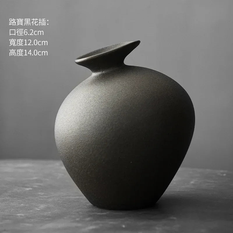 Japanese Style Black Terracotta Vase Imitation Stone Abstract Flower Arranger Table Top Vintage Ornament Living Room Flower Vase