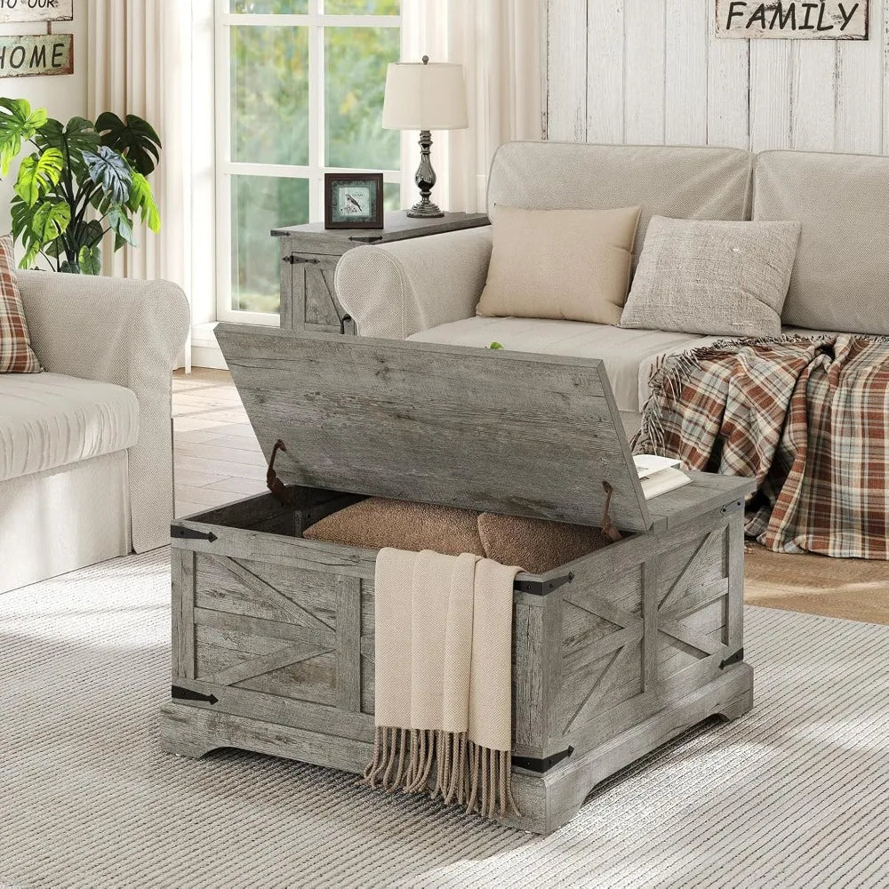 Farmhouse Lift Top Coffee Table, Square Wood Center Table with Large Hidden Storage Compartment for Living Room, Rustic Table