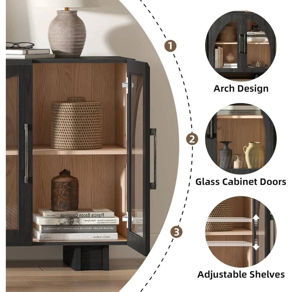 Accent Cabinet with Glass Doors, Sideboard Buffet Cabinets with Storage, Arched Cabinet with Adjustable Shelves, Credenzas