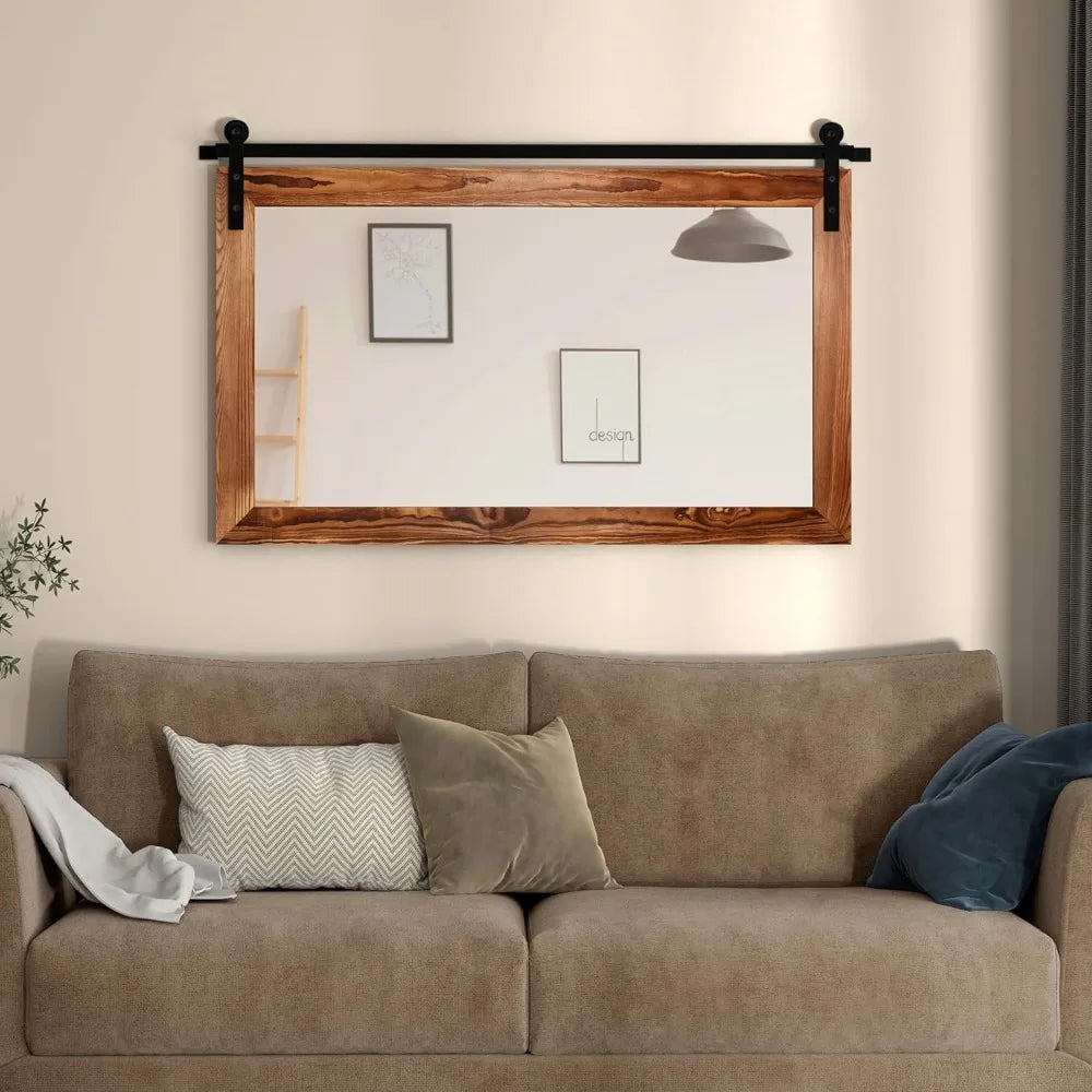 Farmhouse Barn Door Mirror - 41" x 26" Rustic Wood Framed Wall Mirror for Bathroom, Living Room, Bedroom Wall Decor (Brown)