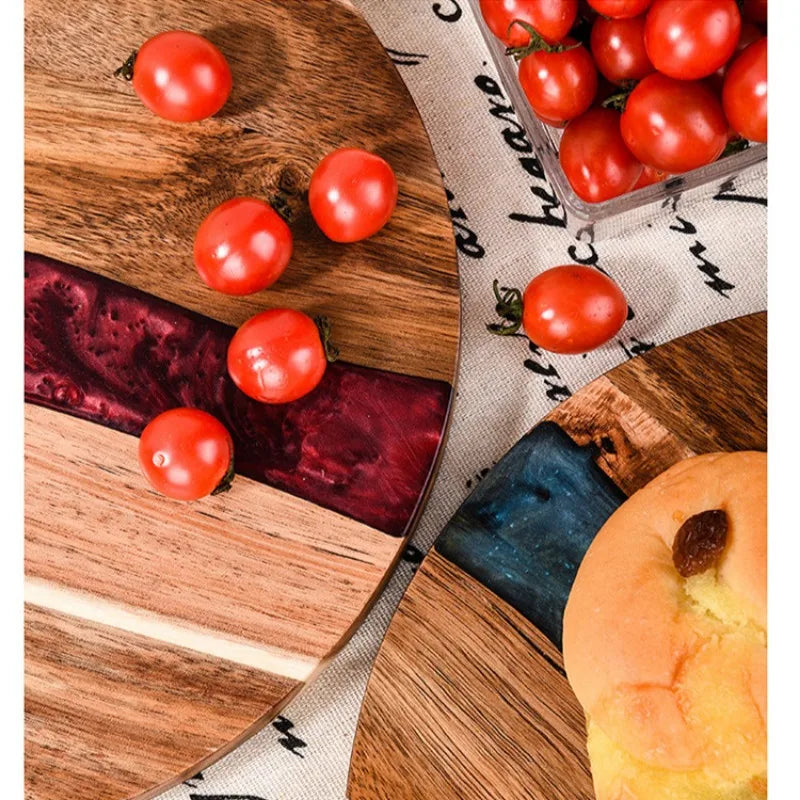 Acacia Wood with Resin Cutting Board,Round Kitchen Chopping Board,Steak Bread Pizza Charcuterie Block,Fruit Cheese Serving Board