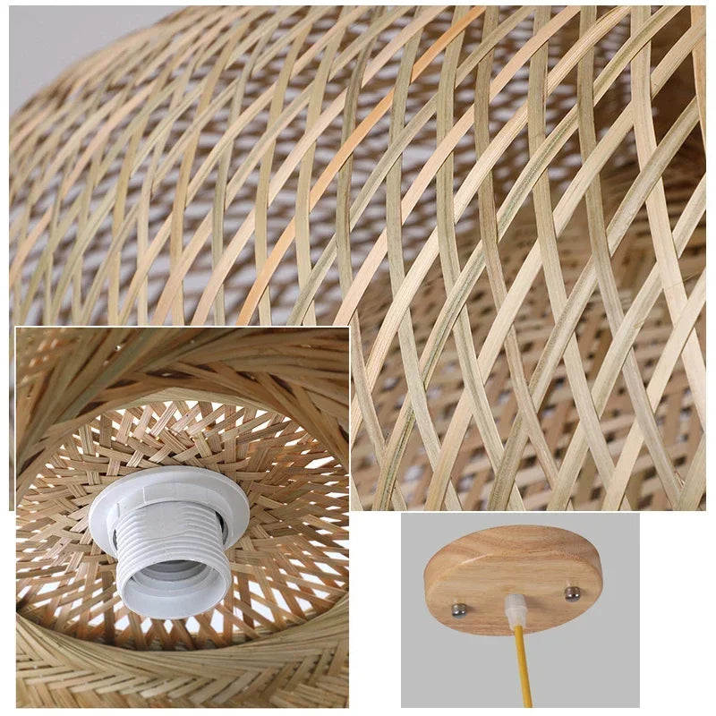 Bamboo Chandelier Pendant Lamp Hanging Wood Ceiling Light Decor LED Chinese Hand Kitted Handmade Lighting for Home Living Room