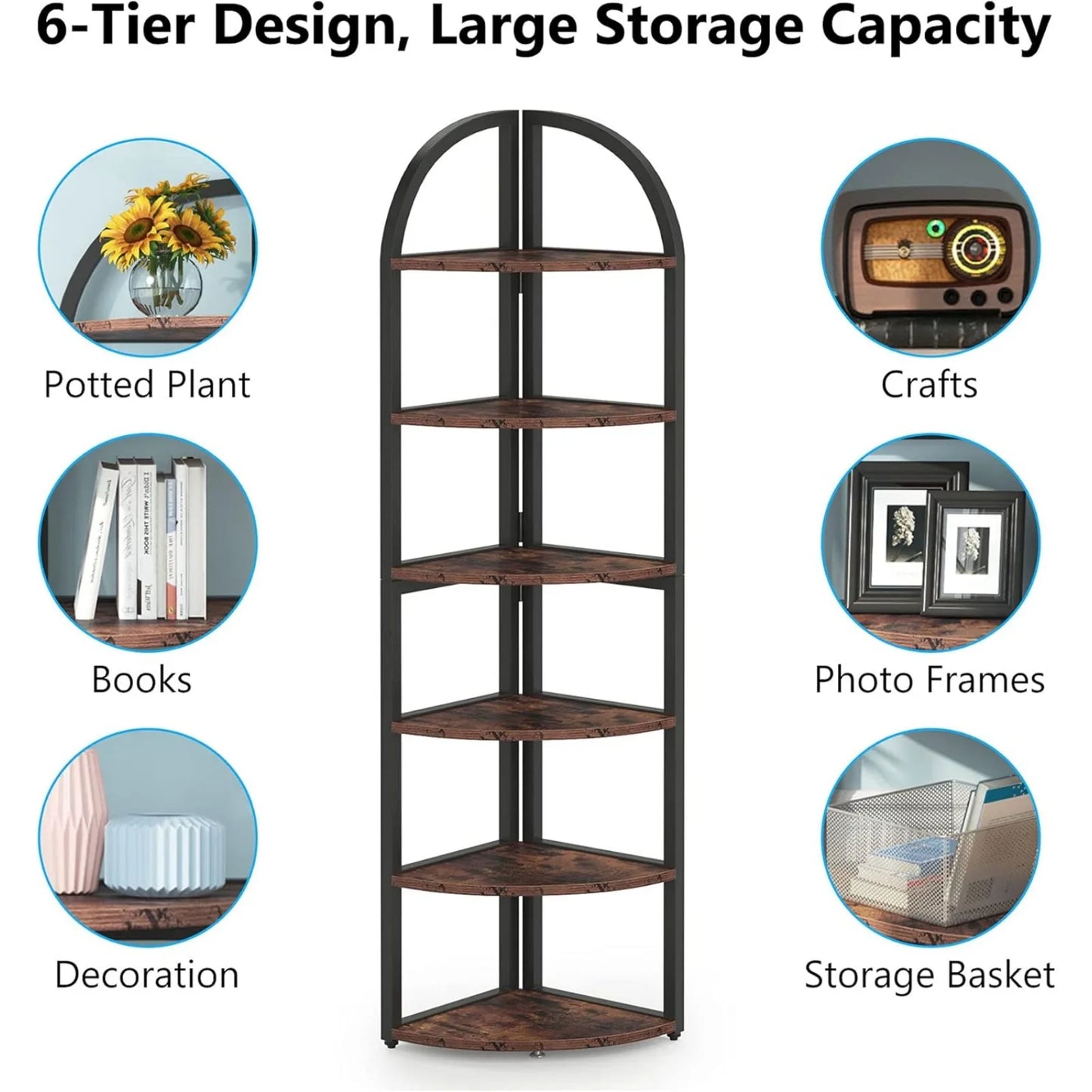 US 6 Tier Corner Shelf, 71 inch Tall Corner Bookshelf for Small Space, Rustic Plant Stand Display Rack for Living Room, Home