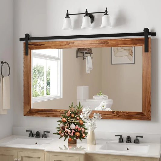 Farmhouse Barn Door Mirror - 41" x 26" Rustic Wood Framed Wall Mirror for Bathroom, Living Room, Bedroom Wall Decor (Brown)