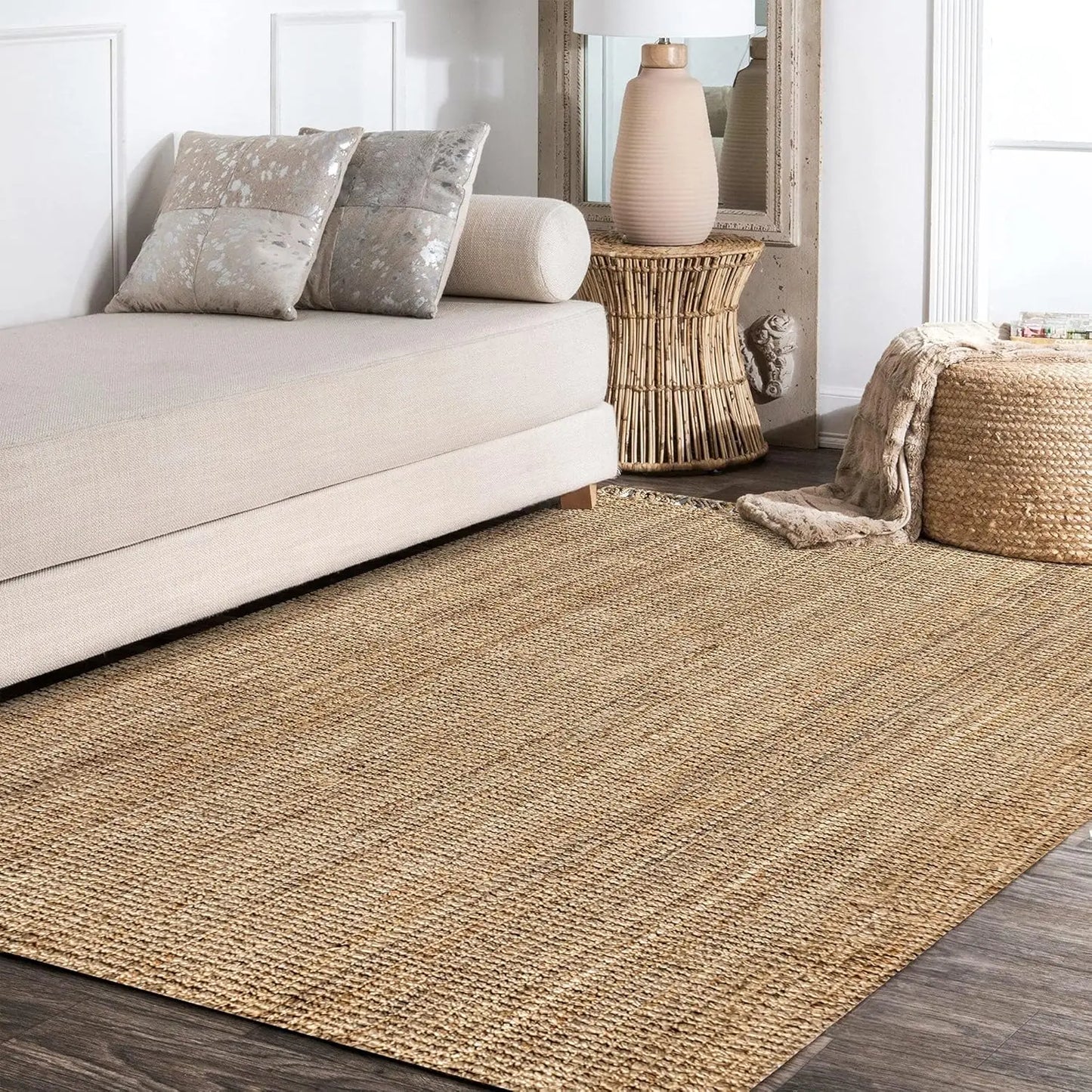 Pata Hand Woven Chunky Jute with Fringe Indoor Area -Rug Bohemian Farmhouse Easy -Cleaning Bedroom Kitchen