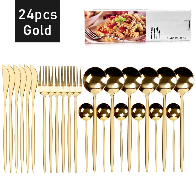 24Pcs Stainless Steel Dinnerware Set Black Gold Cutlery Spoon Fork Knife Western Cutleri Silverware Flatware Tableware Supplies