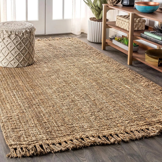 Pata Hand Woven Chunky Jute with Fringe Indoor Area -Rug Bohemian Farmhouse Easy -Cleaning Bedroom Kitchen