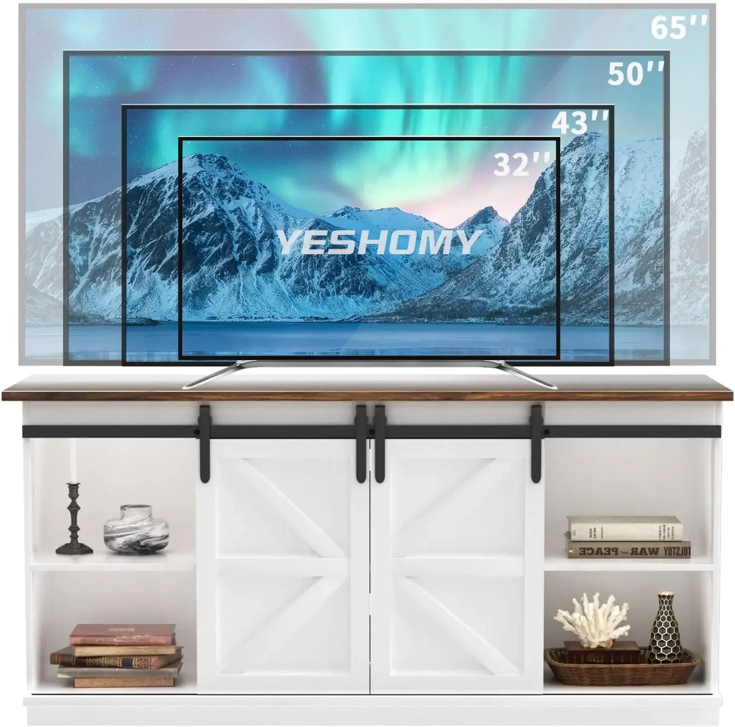 YESHOMY Farmhouse TV Stand and Entertainment Center for Televisions up to 65 Inchs, with Sliding Barn Doors and Storage Cabinets