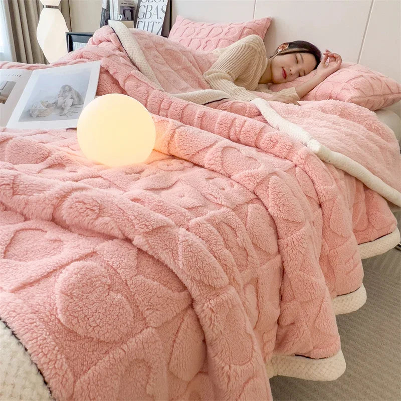 Warm Winter Blanket A Grade Heart Plush Taffeta Fleece Soft Thick Bed Blankets for Sofa Single Double Couple Furry Bedspread