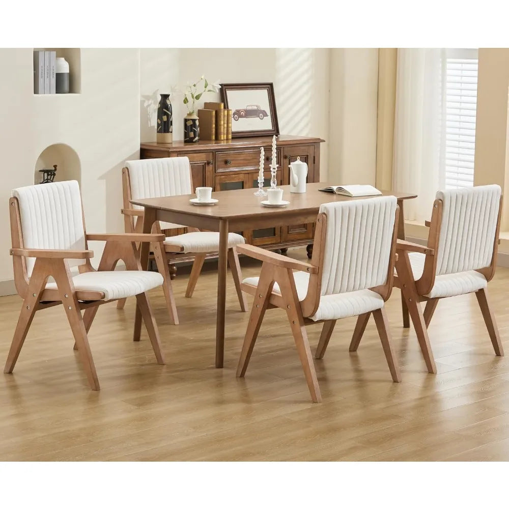 Farmhouse Dining Side Chairs with Arms and Upholstered Seat,Mid Century Oak Wooden Kitchen Chairs,Comfy Padded Armchair,Set of 4