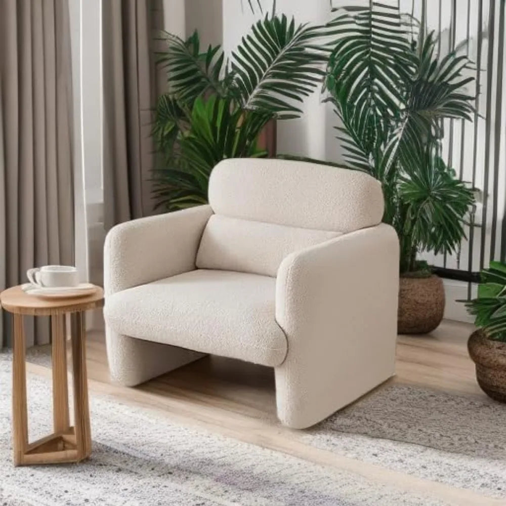 Modern Accent Single Sofa Chair with Arms, Lamb Fabric Upholstered Comfy Reading Arm Chair for Bedroom, Living Room-Beige