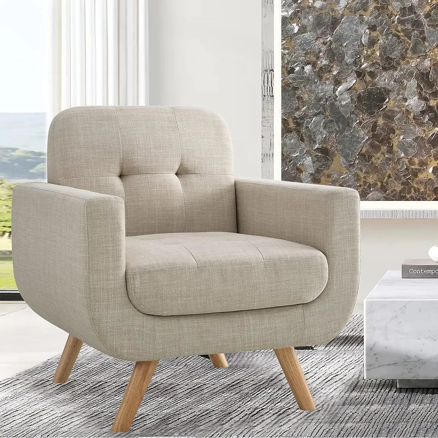 Contemporary Accent Armchair with Linen Upholstery Living Room Furniture, 1SEAT, Living room chair, single sofa chair.Beige