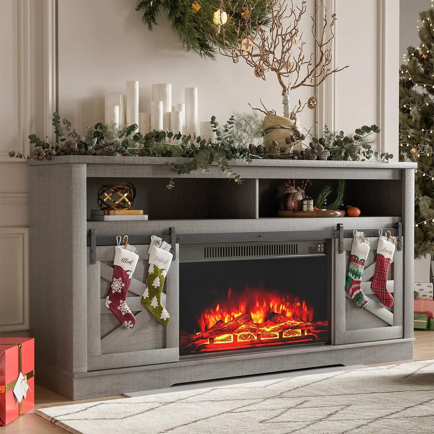 YESHOMY Farmhouse TV Stand and Entertainment Center for Televisions up to 65 Inchs, with Sliding Barn Doors and Storage Cabinets