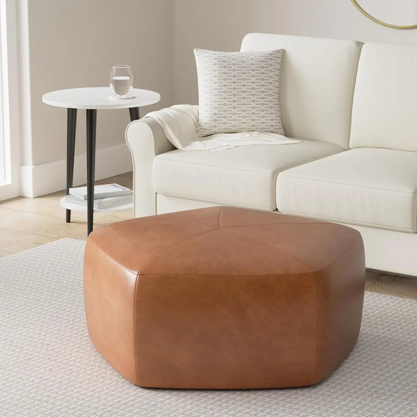 POLY & BARK Porto Modern Leather Ottoman Pouf Living Room Furniture 37"D X 37"W X 17"H (Cognac Tan)