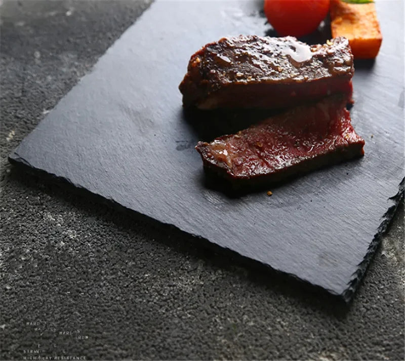 Natural Black Western  Slate stone Dishes Solid Square Sushi Steak Barbecue BBQ Plate Cheese Pizza Dessert cake Fruit dish Tray