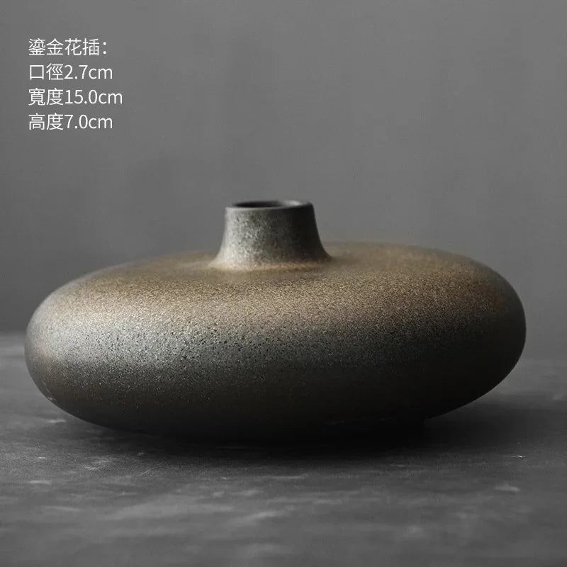 Japanese Style Black Terracotta Vase Imitation Stone Abstract Flower Arranger Table Top Vintage Ornament Living Room Flower Vase