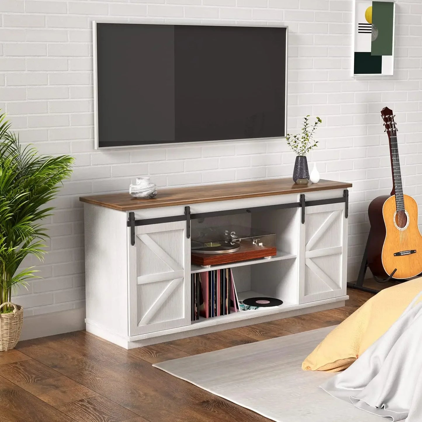 YESHOMY Farmhouse TV Stand and Entertainment Center for Televisions up to 65 Inchs, with Sliding Barn Doors and Storage Cabinets